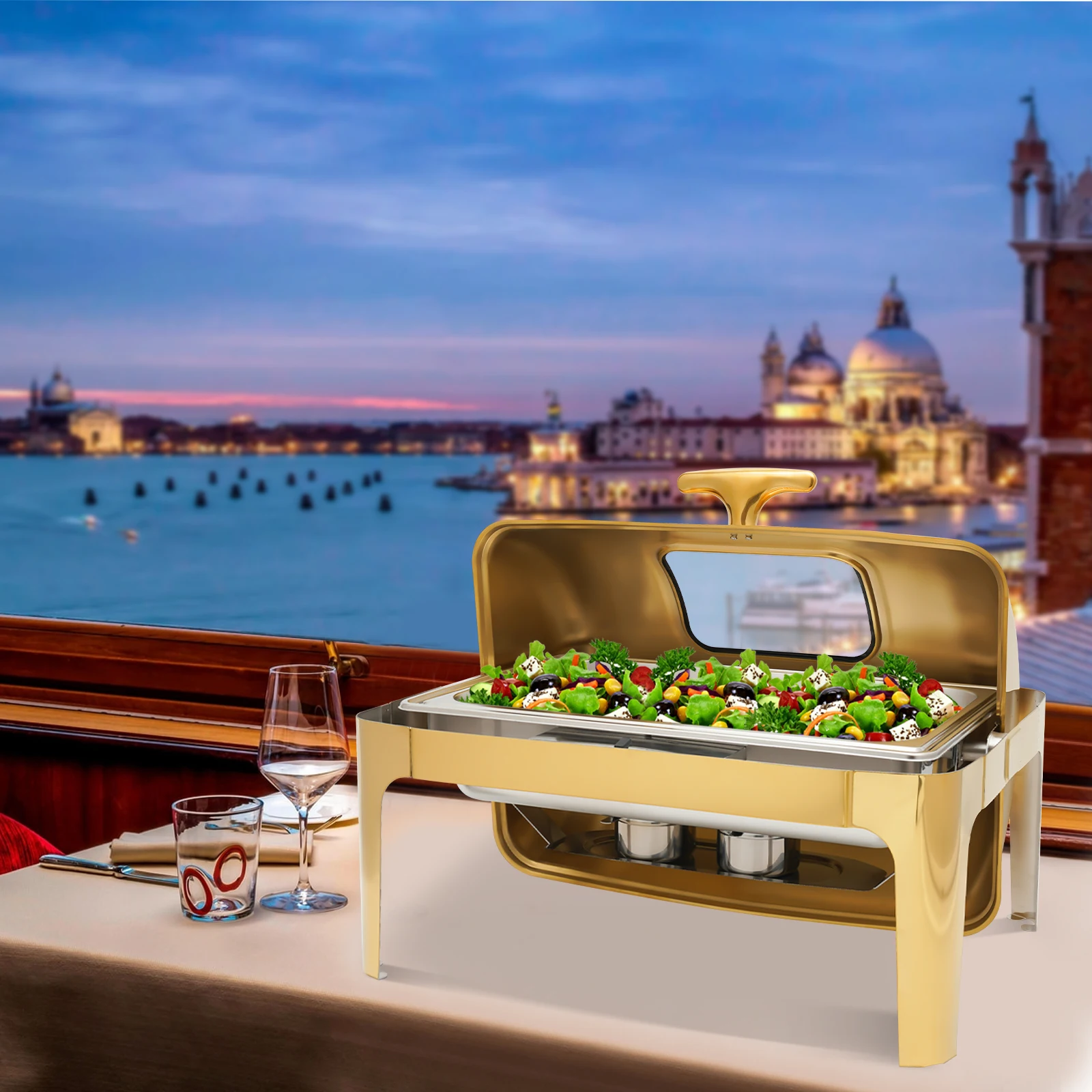 180° Roll Top Chafing Dish Buffet Set, 9.5 Qt Rectangular Stainless Steel Food Warmer for Hotels, Restaurants, Banquets,Weddings