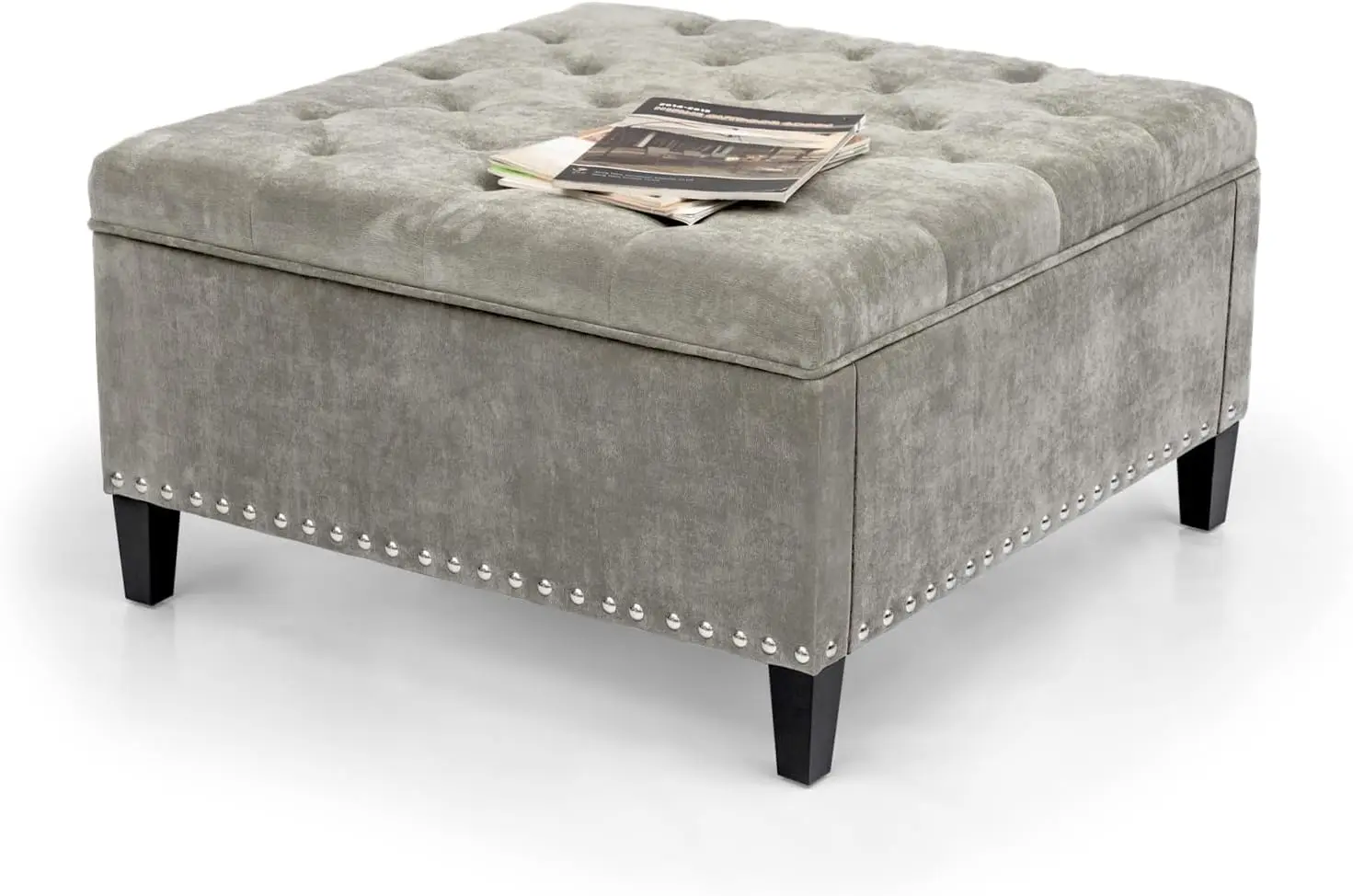 Velvet Square Storage Ottoman Bench, Coffee Table Footstool with Wooden Legs, Versatile Footrest for Living Room