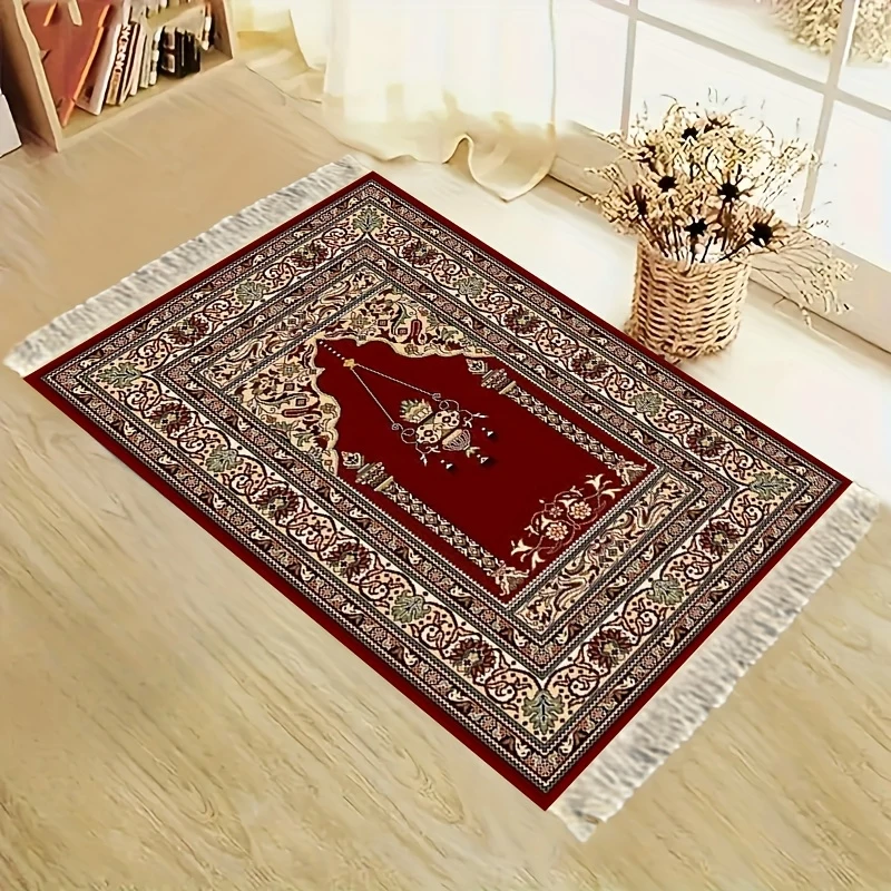 VIKAMA Elegant Deep Red Fringed Muslim Prayer Mat – Portable Travel and Home Prayer Mat for Religious Pilgrimage and Worship