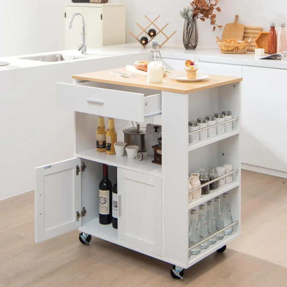 Kitchen Island on Wheels,Trolley Cart with Towel Rack & Spice Rack, Rolling Kitchen Island with Lockable Wheels