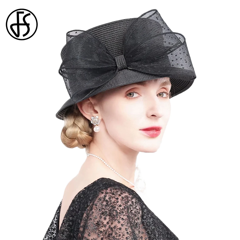 

FS Black White Straw Church Hats For Women Elegant Flat Top Bucket Hat Tea Party Wedding Cap With Big Bowknot Chapeau Femme 2025