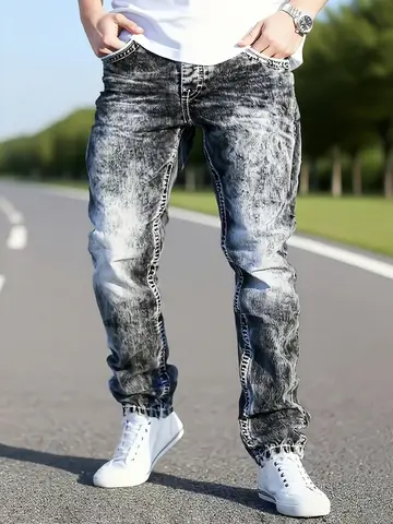 Men's light gray distressed jeans, unique washed-out white effect, personalized stitching, effortlessly creating a trendy street