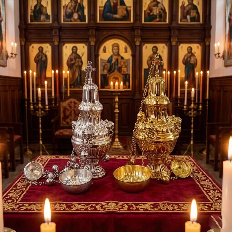

Gold/Silver Plated Orthodox Thurible Incense Burner with Chain & Bowl for Priest Liturgy Church Altar Religious Service Decor