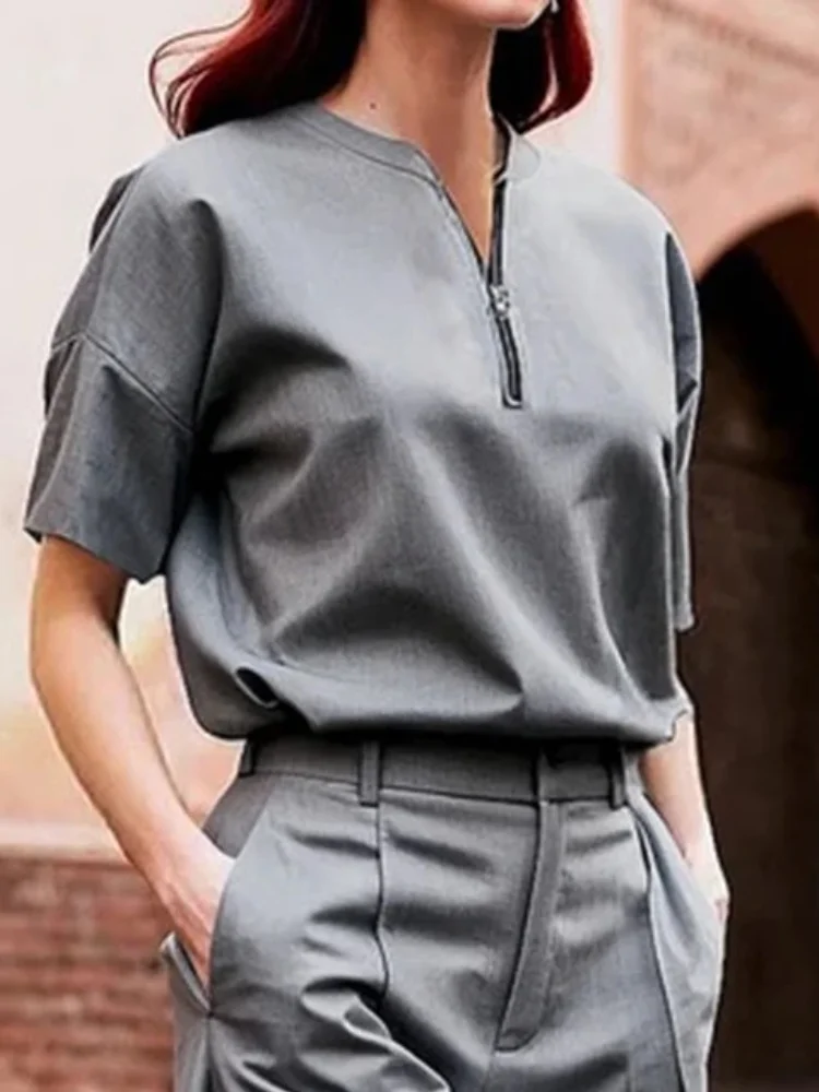 

Fashion 2025 New Women's Clothes Casual Loose Short Sleeves Solid Color Zipper V-Neck Elegant Blouses&Shirts Gray Tops