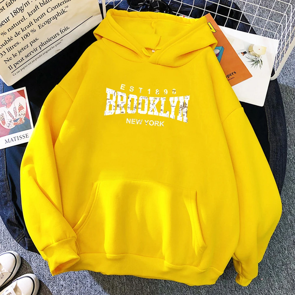 Brooklyn Est 1898 New York Printed Hoodies For Women Vintage Fleece Pullover Trendy Creativity Clothes Pocket Loose Female Hoody