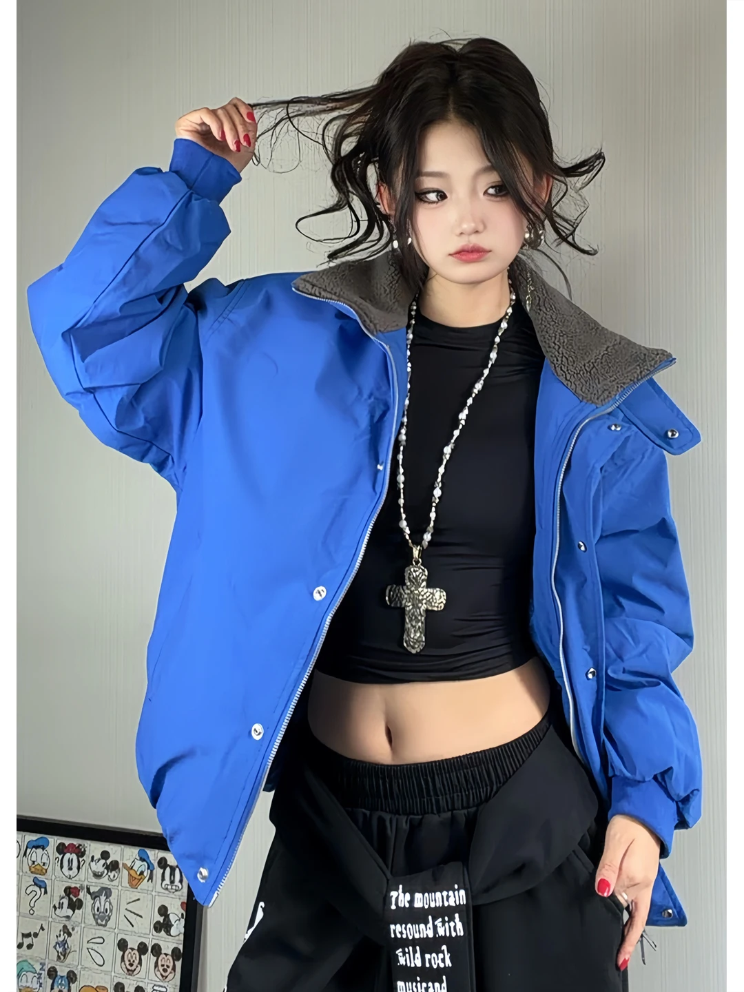 

Синий хлопковый воротник с меховым воротником ягненка, женское свободное теплое хлопковое пальто с воротником-стойкой, повседневное зимнее пальто в Корейском стиле