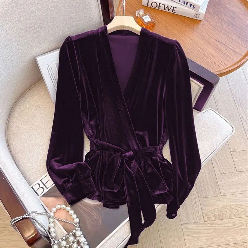 بلوزات مخملية ملابس نسائية على شكل حرف v وأكمام طويلة قمصان تونك بأشرطة 2025 Blusas Mujer De Moda بخصر نحيف ملابس علوية للسيدات