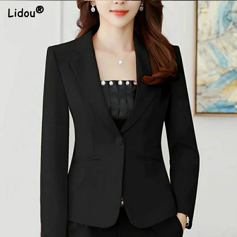 Pockets Button Skinny Notched Thin Spring Summer Solid Color Blazers Formal Office Lady Elegant Fashion Casual Women\'s Clothing