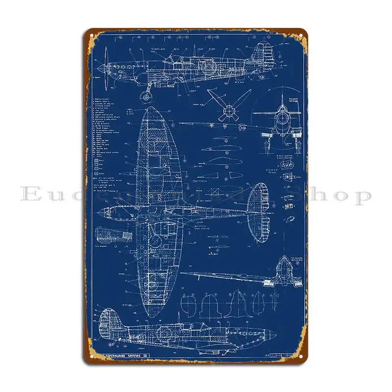 Supermarine Spitfire Blueprint Wwii Raf Fighter Airplane Design Metal Signs Bar Cave Design Club Create Club Bar Tin Sign Poster