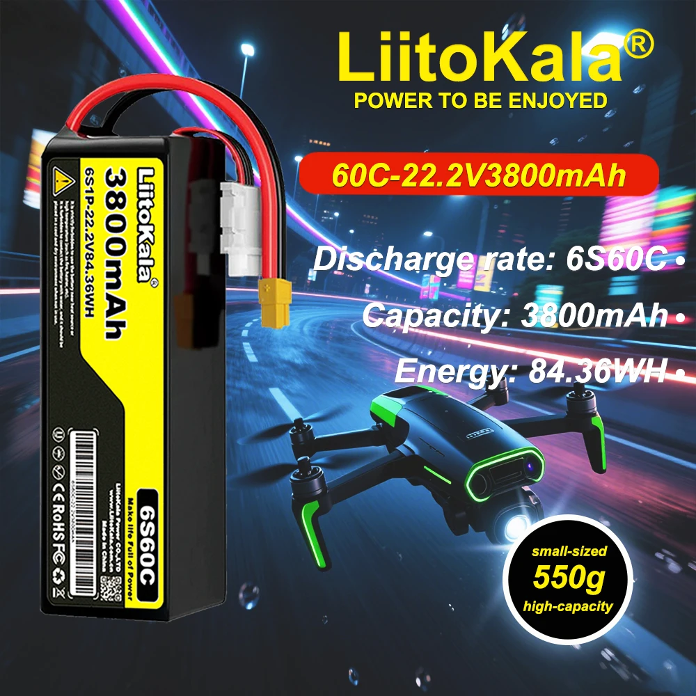 LiitoKala 22.2 فولت 3800 مللي أمبير 60C 6S بطارية ليبو XT60/90 TRX T خيارات توصيل متعددة مناسبة لطائرات بدون طيار FPV وسيارات التحكم عن بعد