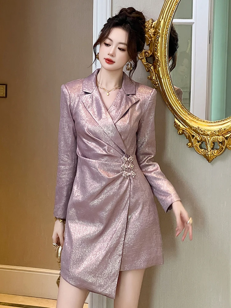 Women Clothes Chic Blazer Work Style Formal Lapel Slim Folds Asymmetrical Short Dress Elegant Ladies Vintage Party Vestidos New