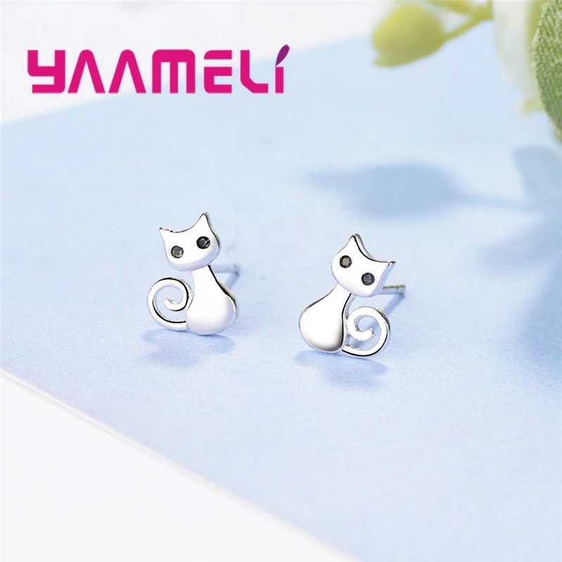 Cute Lovely Stud Earrings For Women Smart Cat Shape Jewelry Shiny Black Cubic Zirconia Top Quality 925 Sterling Silver Color