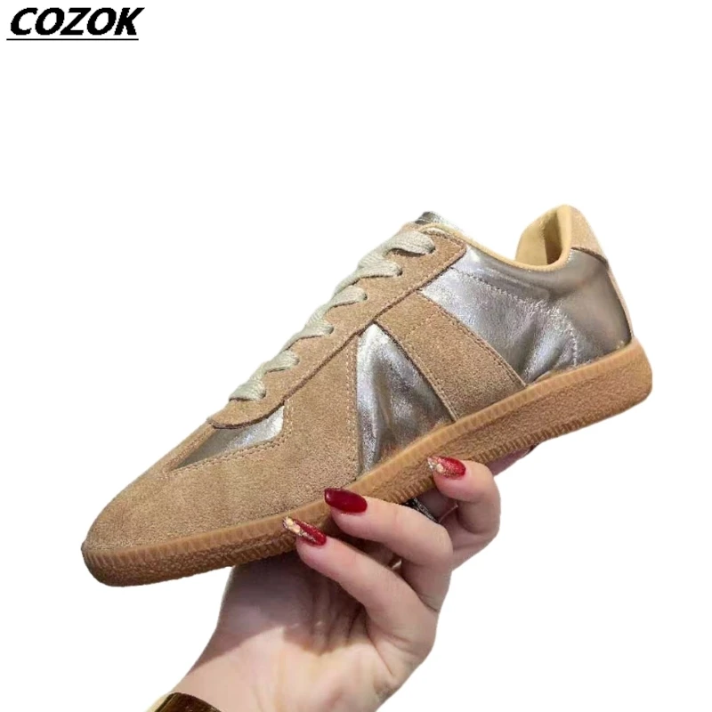 24 Real leather sneaker casual falts metallic silver  elastci tennis Athletic shoes size 34-39  chaussures marron