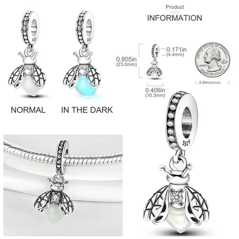 Charms Fit For Pandar Bracelet 925 Sterling Silver Insect Series Glow Firefly Butterfly Bee Charms S925 Fine DIY Jewelry Making