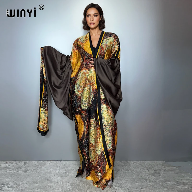 

WINYI кимоно Hanfu с принтом Вечернее платье Пляжная одежда Cover up Африканский женский свободный кардиган с пышными рукавами в стиле бохо Праздничный кафтан
