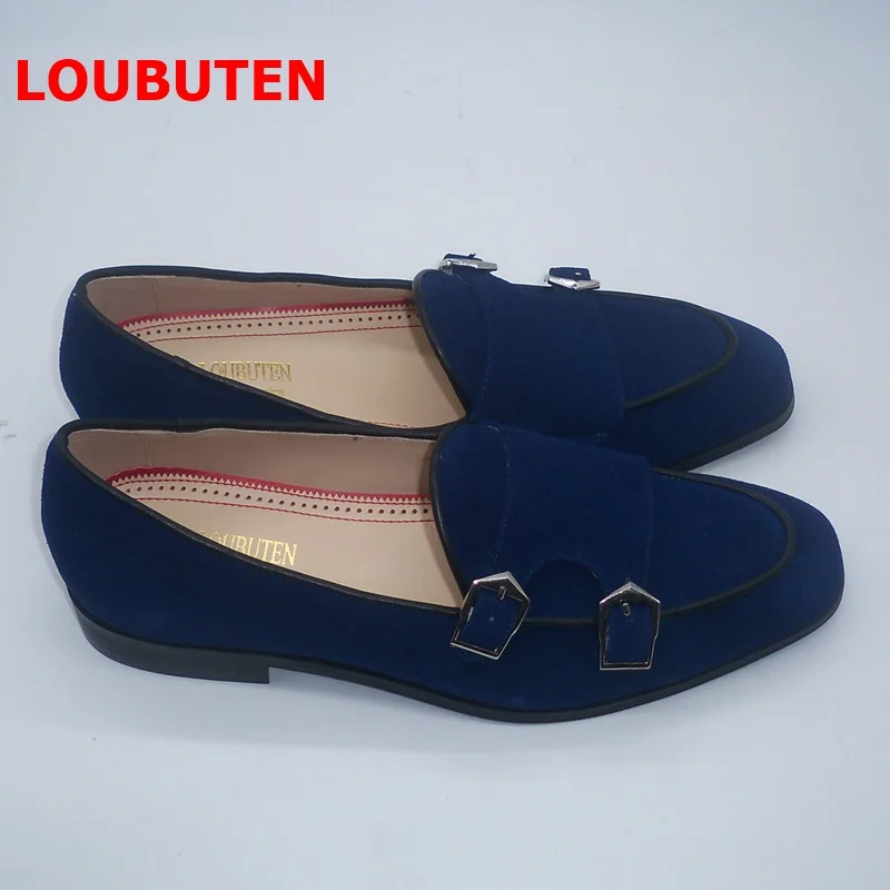 LOUBUTEN Navy Blue Monk Strap Shoes For Men British Style Handmade Suede Loafers Summer Dress Shoes Man Wedding Shoes