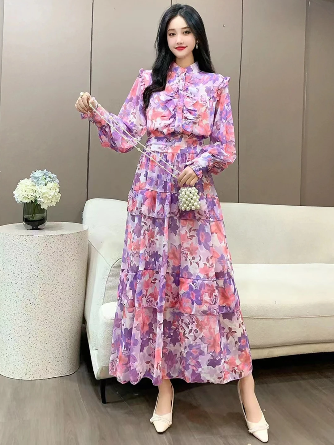 2023 New Spring Autumn Women Chiffon Floral Skirt Suits Sweet Ruffles Long Sleeve Loose Shirt And Cake Long Skirt Two Piece Set