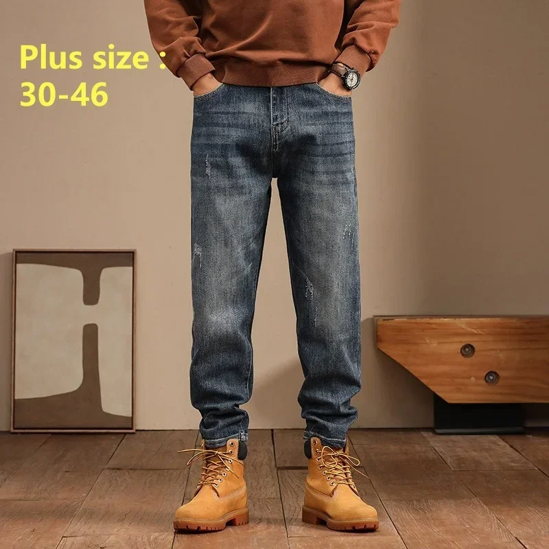 Herfst Winter Jeans Mannen Grote Maat 46 44 Losse Straight Boy Dikke Broek Trendy Elastische Lange Mannelijke Gekrast Plus Denim Broek