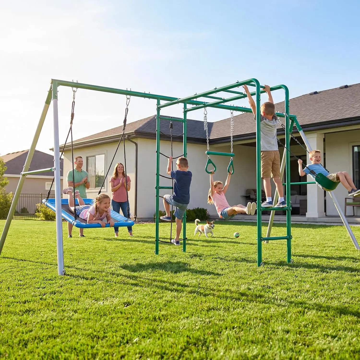 Backyard Swing Set with Monkey Bars 5-in-1 Playground Metal Frame Outdoor Kids Play Equipment, Customized