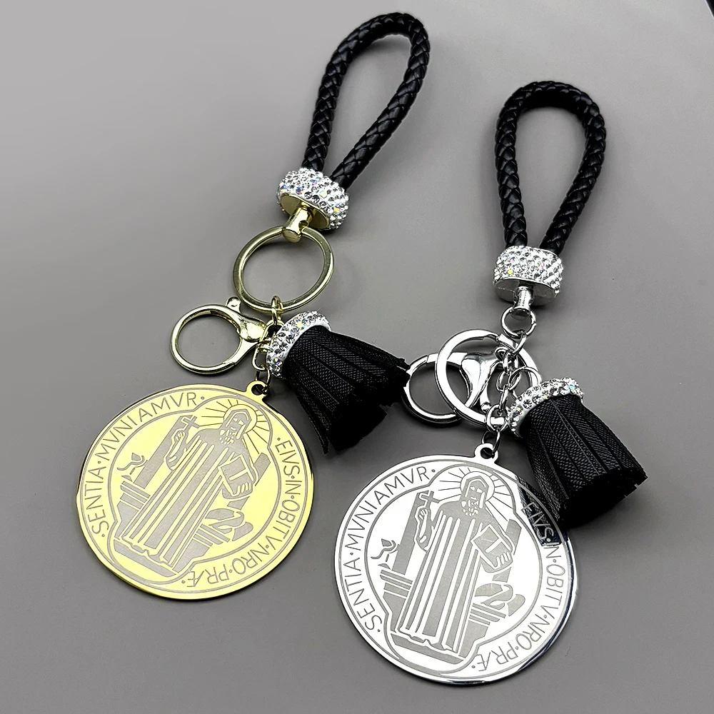 Catholic Saint Benedict Medal Stainless Steel Key Chain for Women Men Gold Color Leather Key Ring Holder Jewelry san benito