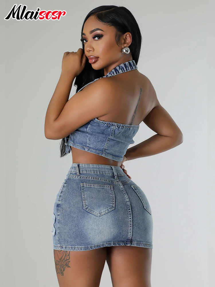 Mlaiscsr Stretch Denim Baddie Two Piece Women's Set Halter Lace Crop Tops and Mini Skirts Cross Embroidery Matching Club Outfits