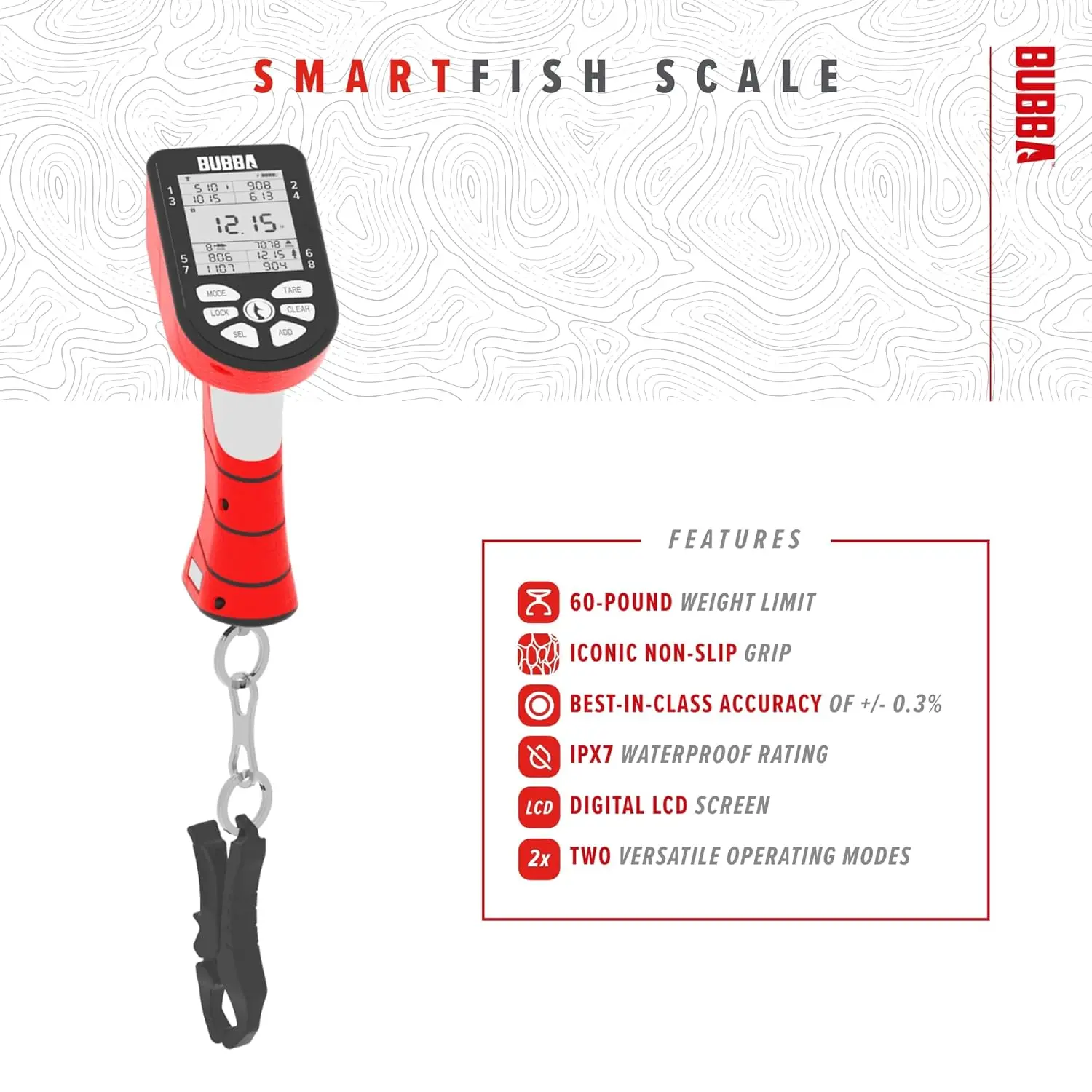 Smart Fish Scale -Tournament Fishing Tool - Built in Fish Clip and Hook - 2 Modes, Digital Screen, 60lb Limit