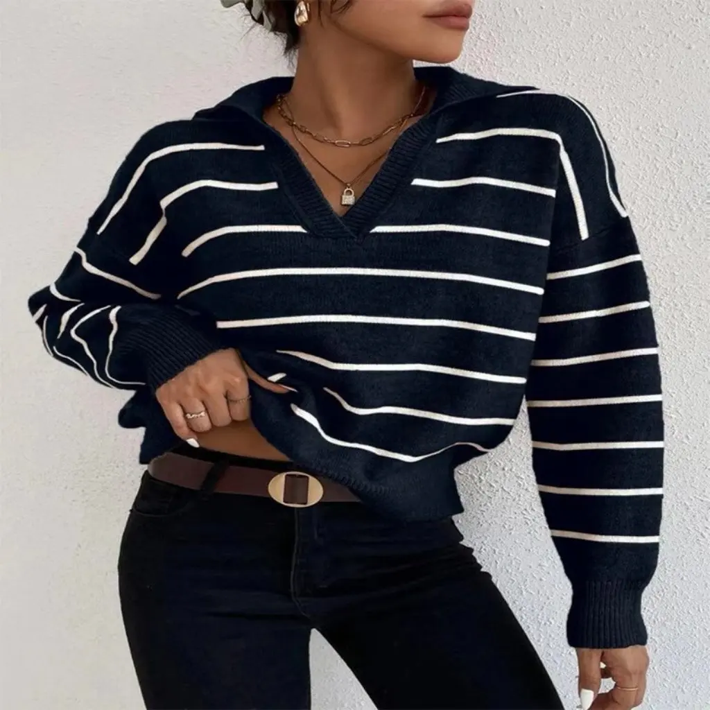 

Fashion Long Sleeve Striped Knitted Top Polo Collar All-match Shirt for Women