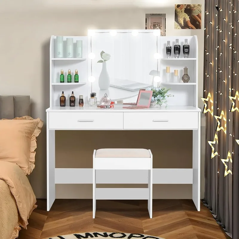 Vanity Desk, Makeup Vanity Table with 10 LED Light Bulbs, Vanity Table, Vanity Desk Set with 2 Drawers, 6 Storage Shelves