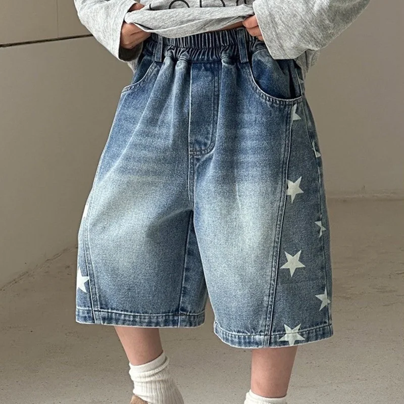 Boys Denim Shorts Trendy Casual Summer Kids Pants Children Versatile Mid-Length Shorts Boy Printed Fashion Pants 2-10 Years Old