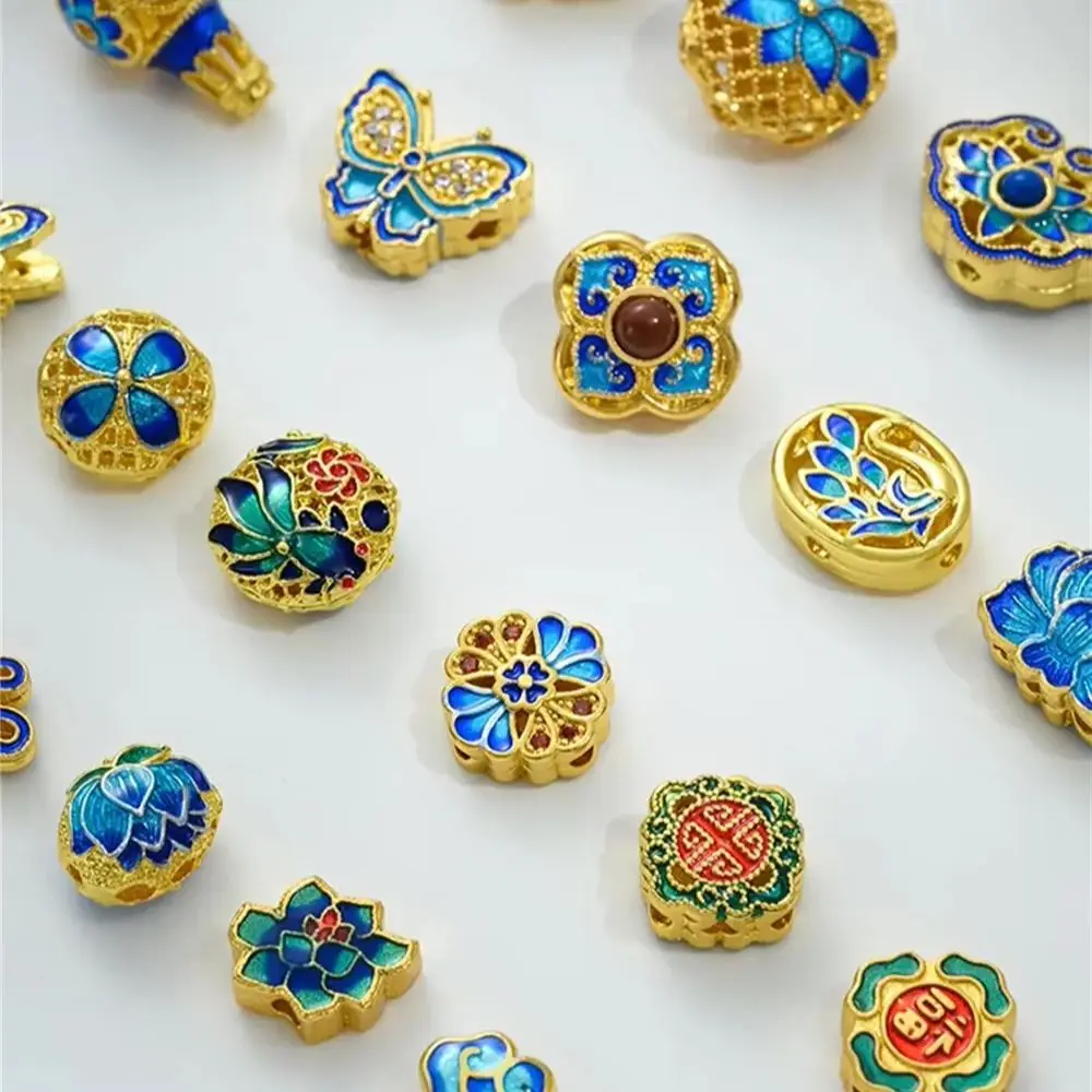 Copper Gold-plated Enamel Butterfly Auspicious Cloud Lotus Chinese Knot Back Cloud Blessing Cloisonne Bead DIY Accessories