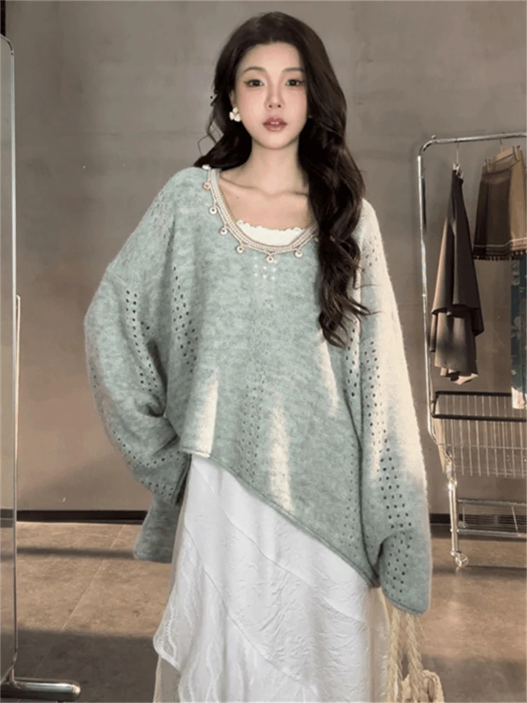 

Ladies' Loose Fit Hollow out Knitted Sweater Spring Faion Casual Wear V-Ne Long Sve Top Comfortable Medium Softn