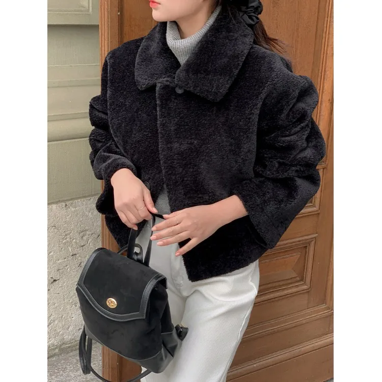 

Women's Chic Lamb Fur Collar Double-Sided Wear Leather And Fur Inteated Fluffy Top Coat Autumn Winter New Sle Versatile