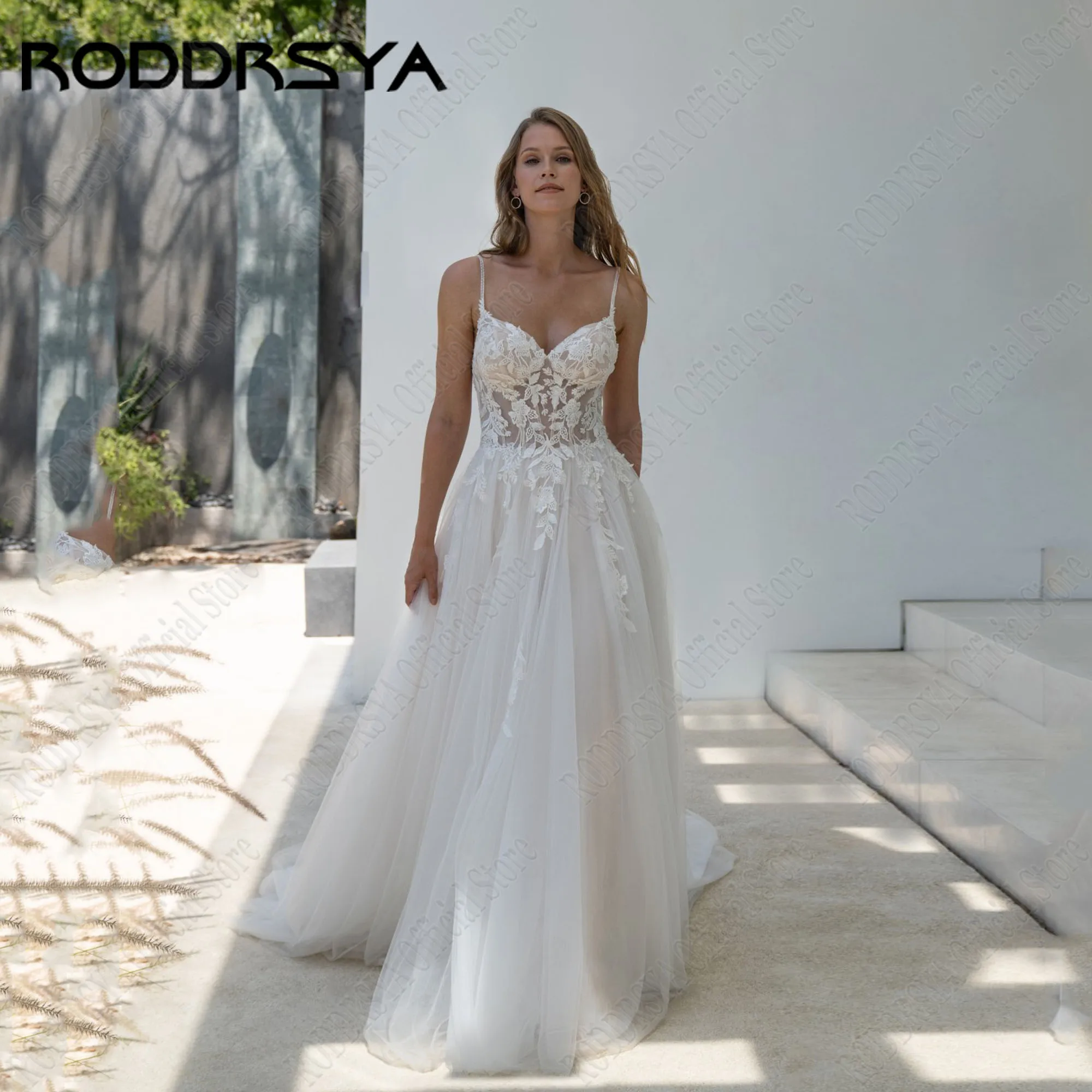 RODDRSYA Lace Applique Wedding Dresses Spaghetti Straps V Neck Brautkleider Hochzeitskleid Tulle A Line Bride Gowns For Woman