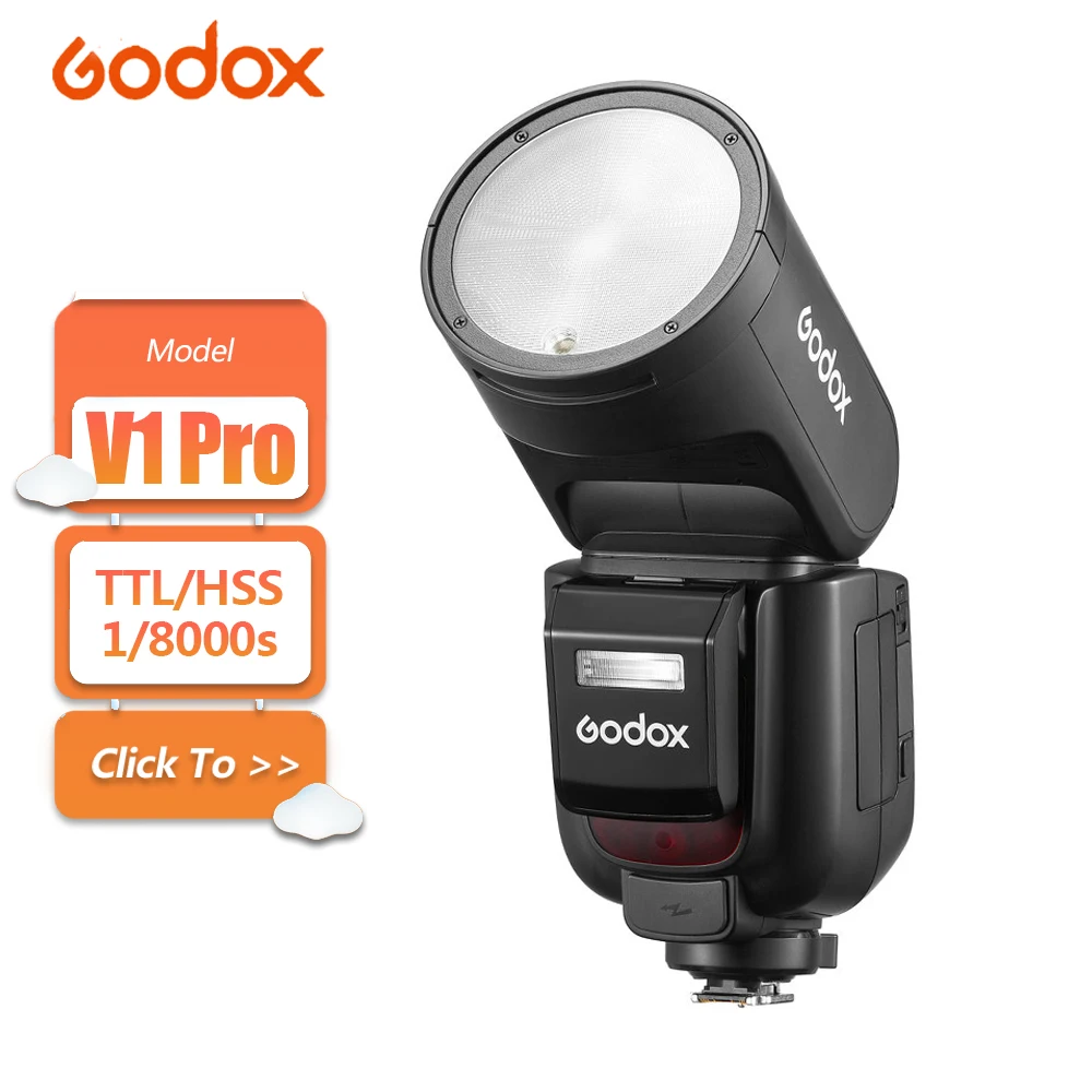 Godox V1 Pro 2.4G TTL Round Head Speedlite Camera Flash HSS 1/8000s with Type-C Charger for Sony Nikon Canon Fujifilm Camera