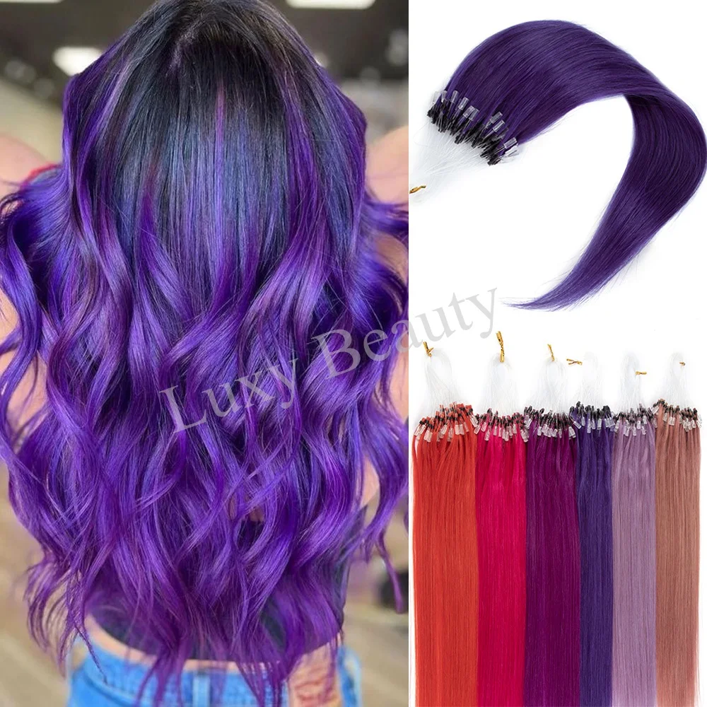

Colored Purple Micro Loop Human Hair Extensions Micro Loop Fishing Line Hair Extensions Pink Blue Micro Bead Straight Human Hair