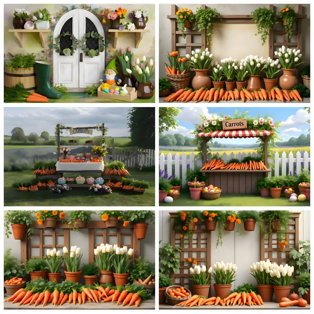 Spring Carrots Store Photography Backdrops Easter Flowers Wood Fence Grass Field White tulips Baby Shower Decor Photo Background