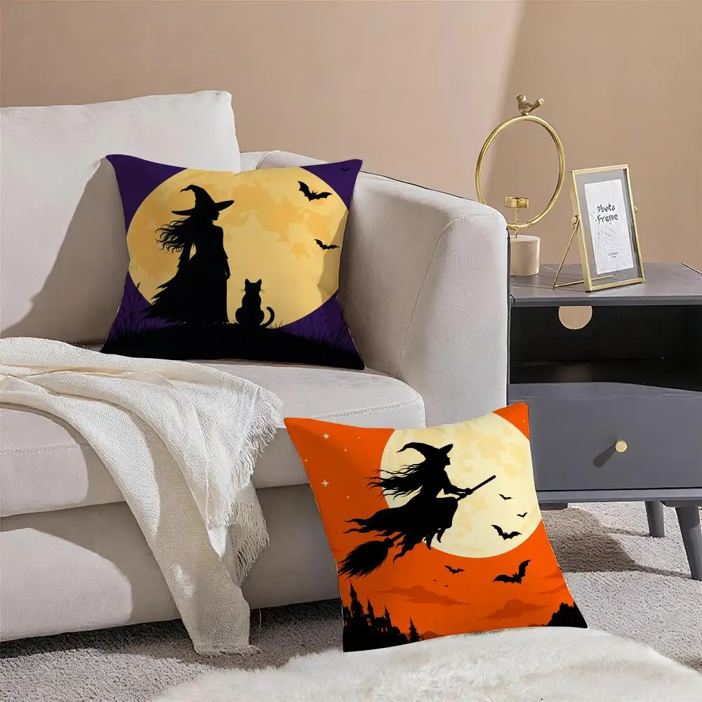 Halloween Witch Silhouette Full Moon Cushion Cover Throw Pillow Cover Hidden Button Durable Polyester Chair Cushion