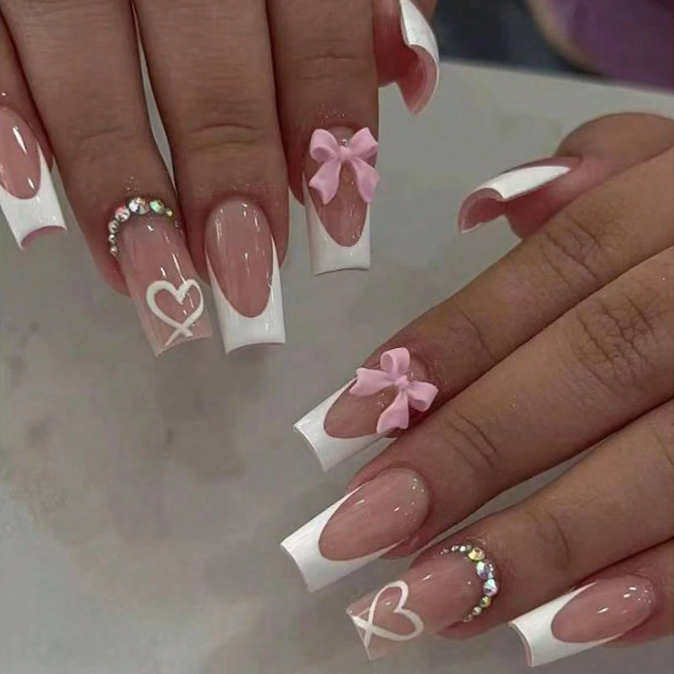 

10PCS Pink Bowknot With DrillShaped Fake Nails -Full Cover Fake Nail Set-1pc Nail File & 1Nail Glue Sticker Kit Nails