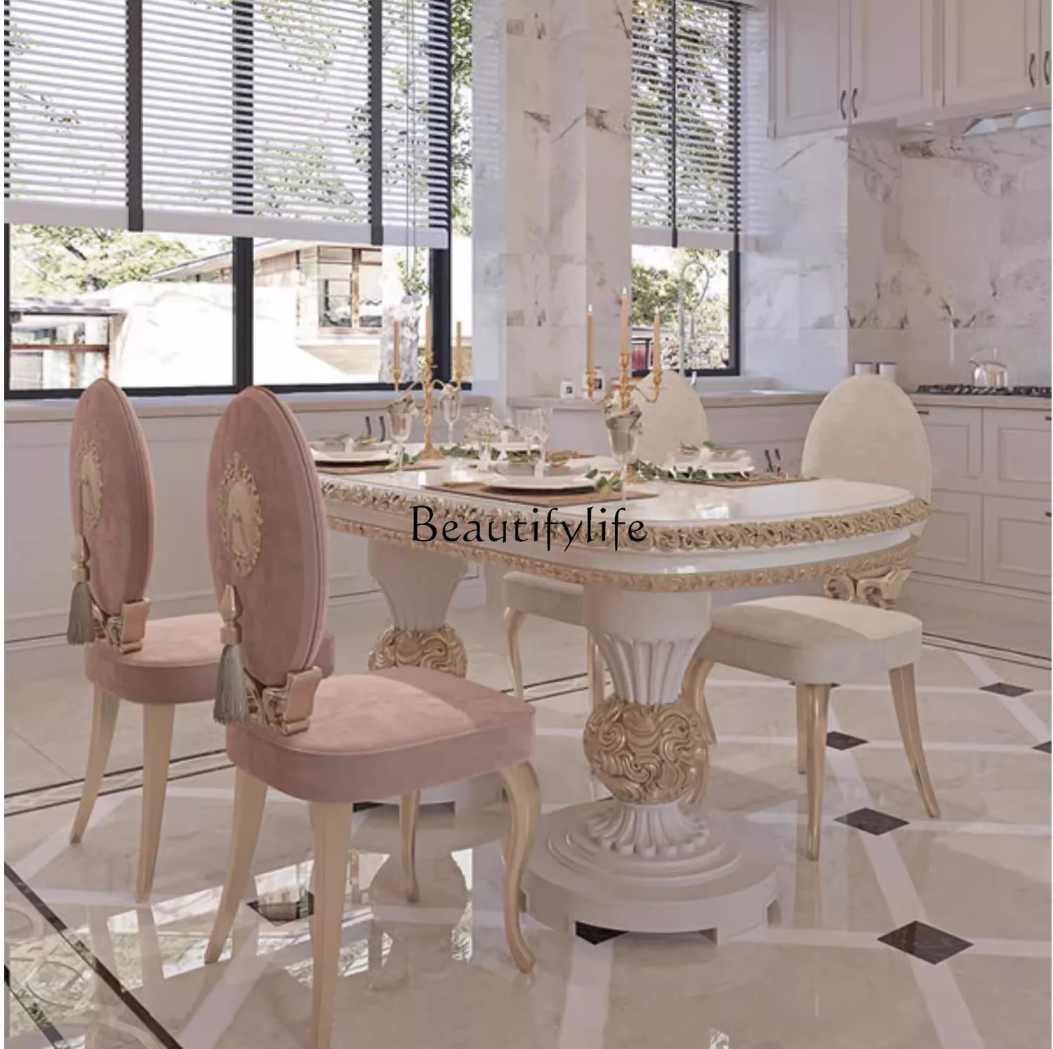 

French light luxury court style dining table solid wood carving oval European luxury