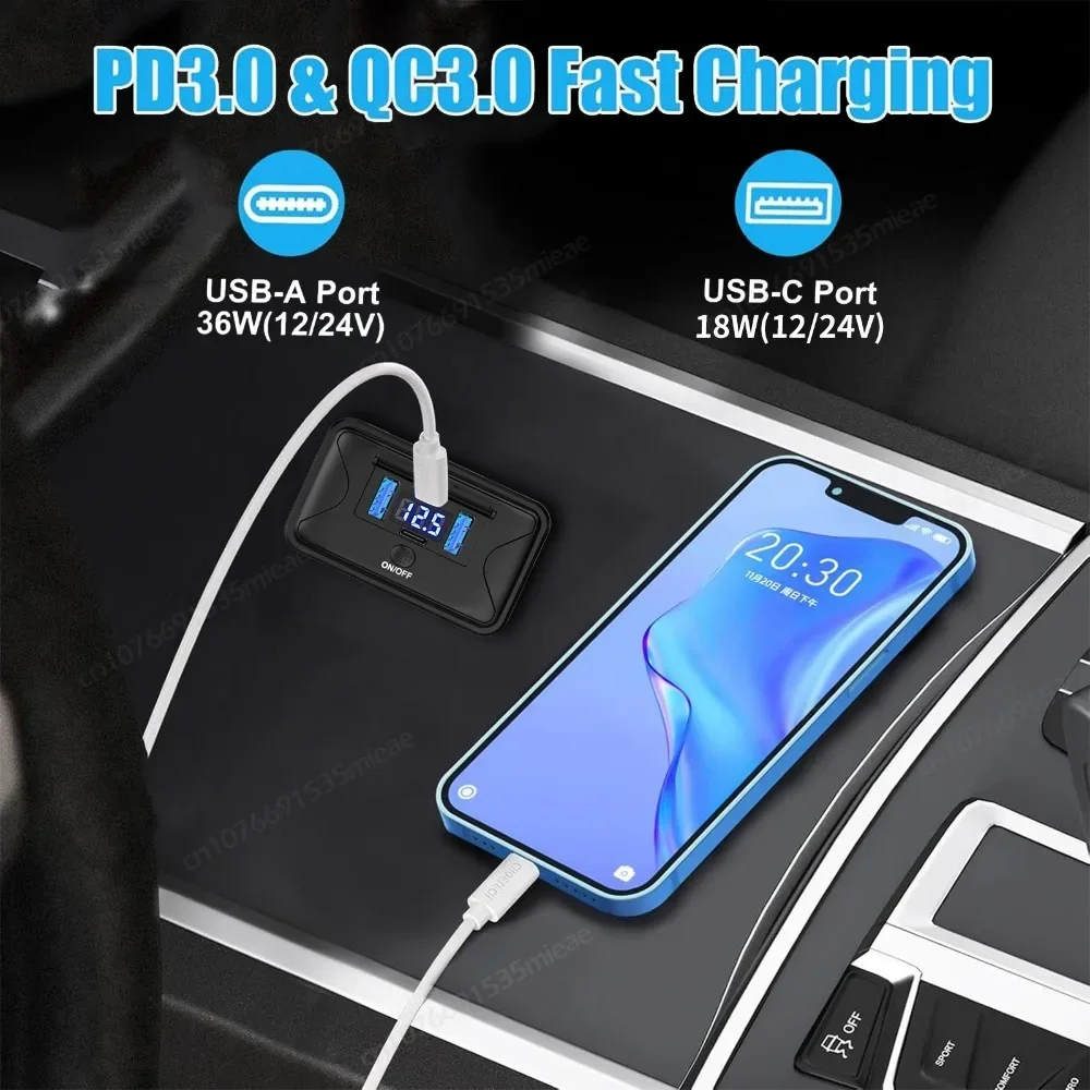 78W 4-Port 12V Truck USB Outlet Wall Mount,Dual 36W PD & Dual 18W QC3.0 Charger Ports Panel with Button Switch for Bus RV Marine