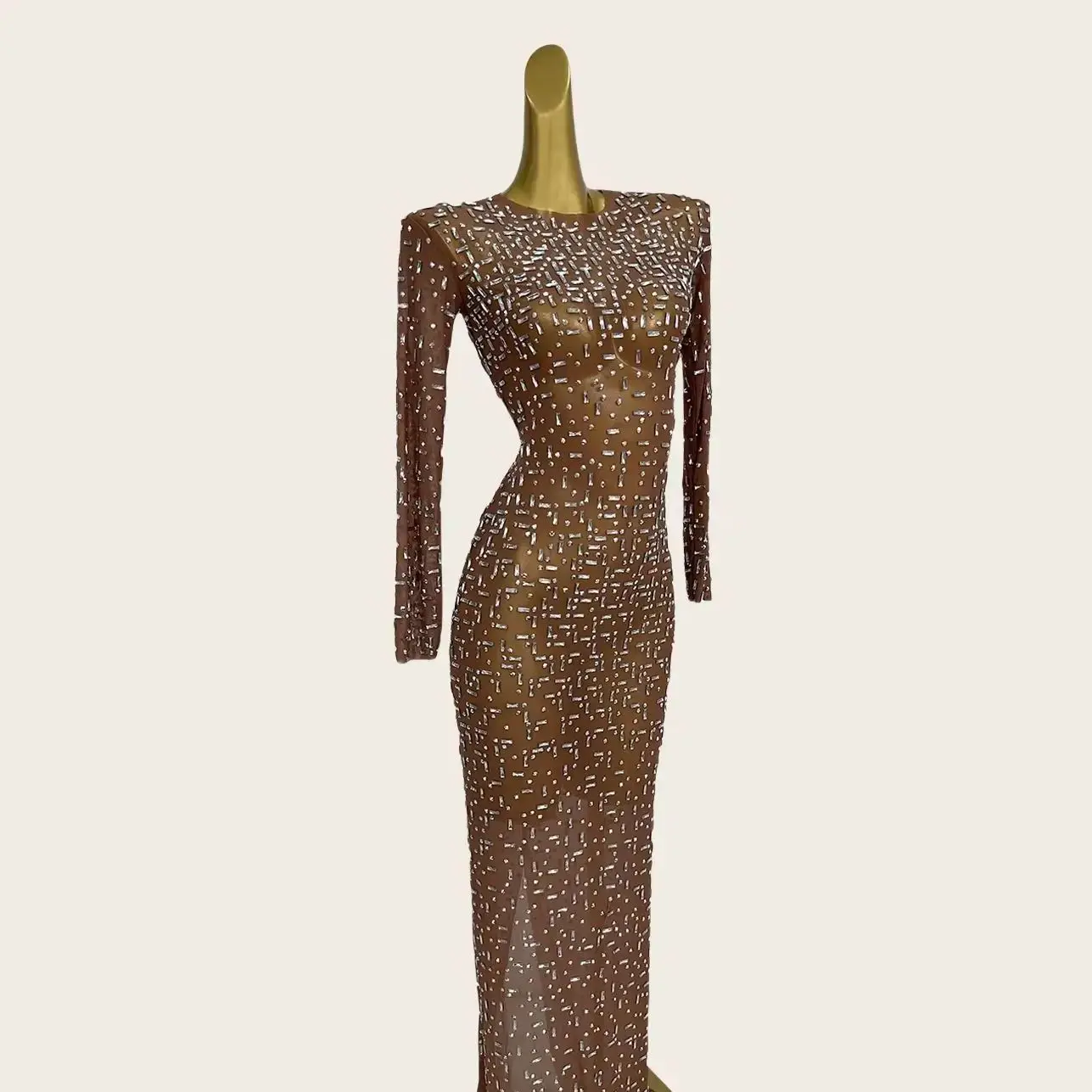 

Bailian Brown See Through Mesh Long Sleeved Dress Sexy Women Sparkly Rhinestone Evening Gown Birthday Party Formal Elegant Dress