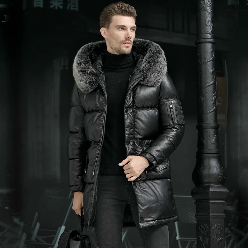 

Men Winter 95% White Duck Down Jacket Cowhide Genuine Leather Men's Long Coat Real Fox Fur Collar -40 Degree Keep Warm 5XL