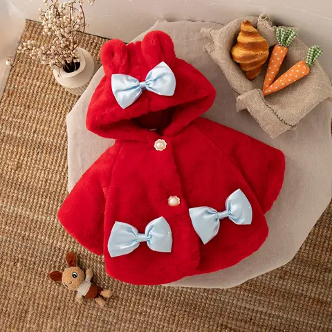 여자아이 크리스마스 파티 의상 파란색 리본 긴 소매 빨간색 따뜻한 후드 플러시 코트 겨울 아기 여자아이 코트 여자아이 크리스마스 파티 의상 파란색 리본 긴 소매 빨간색 따뜻한 후드 플러시 코트 겨울 아기 여자아이 코트