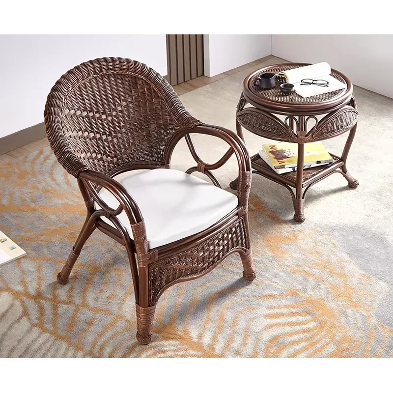 Handwoven Rattan Chair Balcony Seating Waterproof Cushioned Backrest Sofa Indoor Living Room Durable Home Furniture OEM