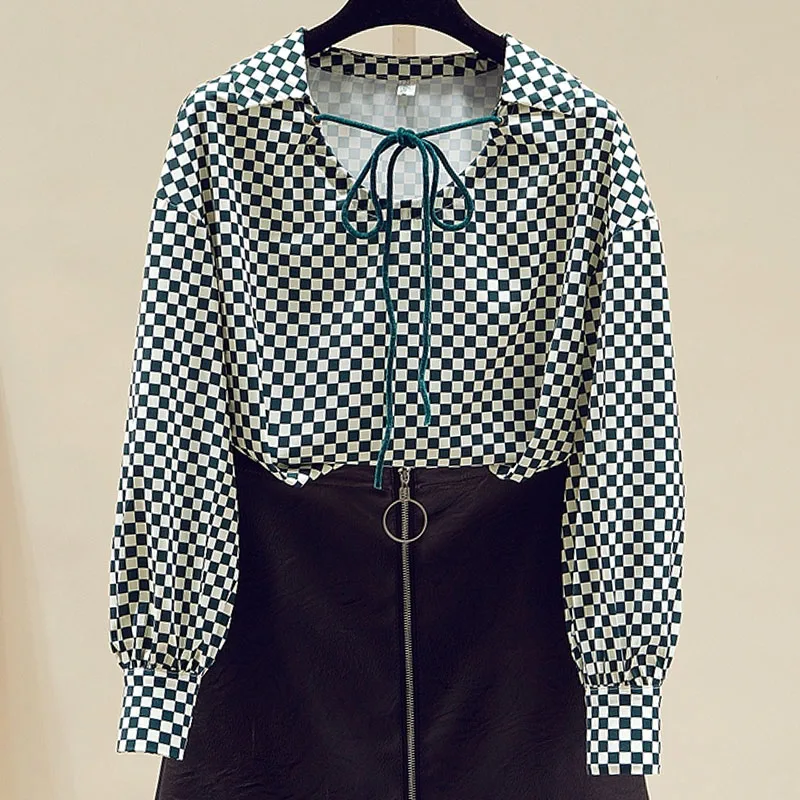 

Женская блузка-рубашка, новая клетчатая блузка с длинным рукавом на шнуровке, рубашка, женские топы, блузки, рубашки Blusas Camisas 2025 Q666