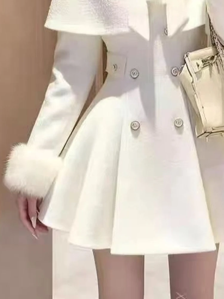 フランス風エレガントヴィンテージウール2ピースセット レディース フェイクファー襟付きケープ＋シックなワンピース 新冬Aラインレトロパーティーコーデ 2025