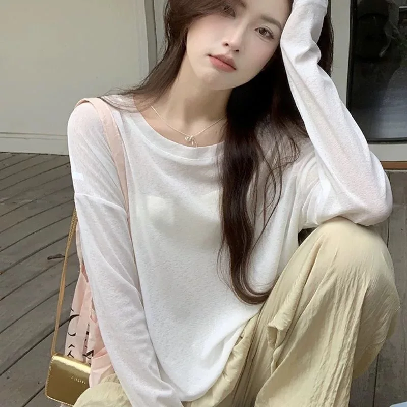 Ice Silk Long Sleeve T-Shirt Women's Loose Casual Top Thin Sun Protection Bamboo Node Ribbing Network Famous Heart Mechanism