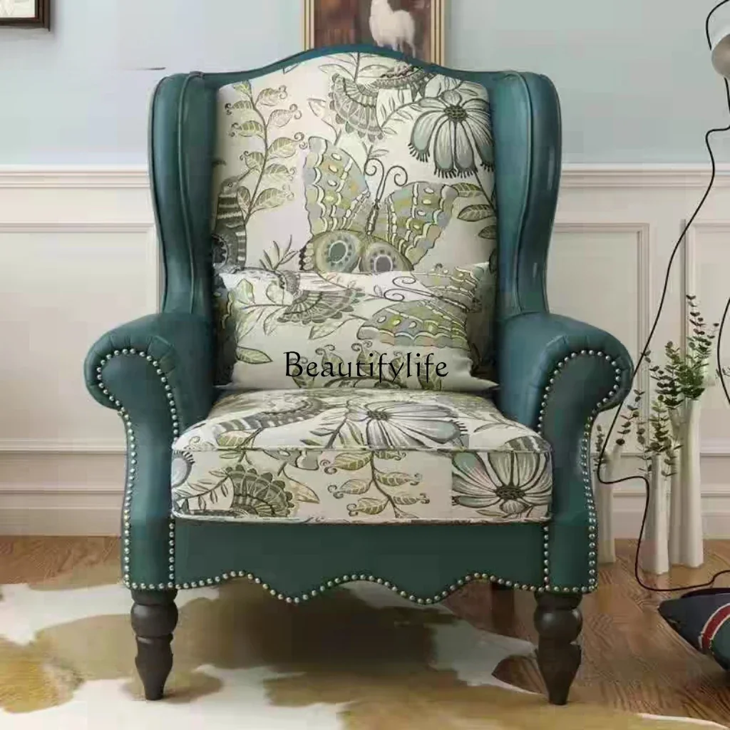 

FG44American Country Fabric Wingback Chair Leisure Single Sofa French Leather High Back Chair