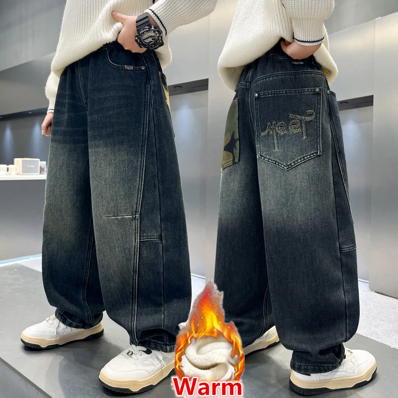 

Fashion Children Winter Corduroy Lined Jeans with Camouflage Pocket for Teenage Boy Warm Fleece Denim Pants 5 6 7 9 10 11 12 14