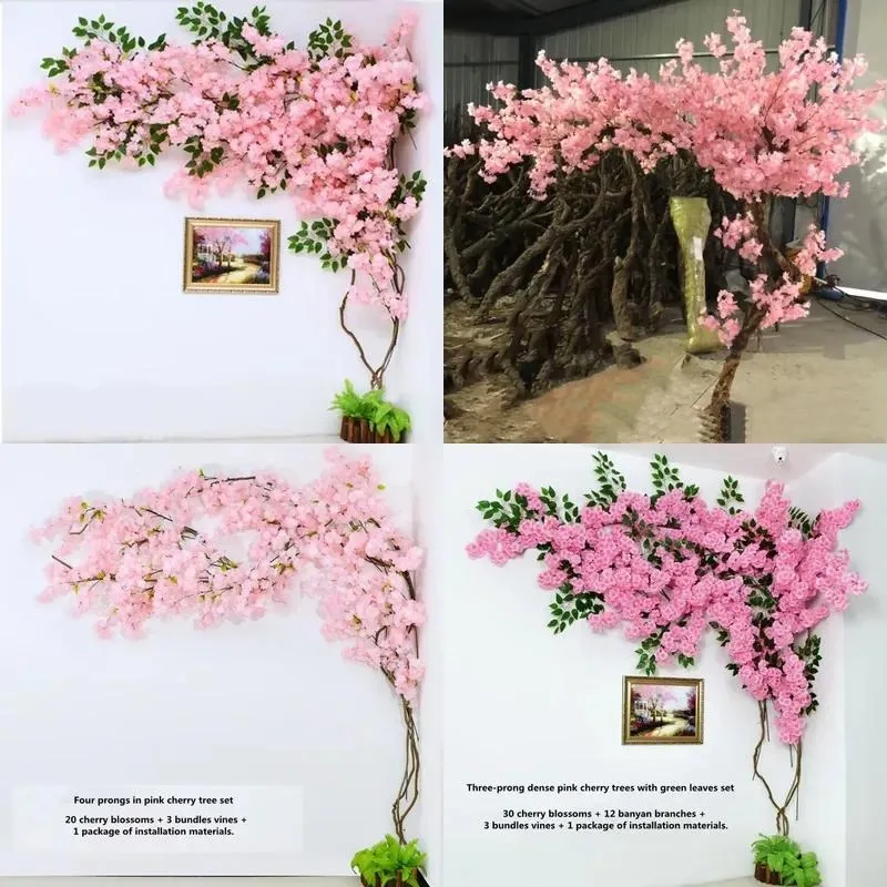 Pink Artificial Cherry Blossom Tree Wall Decoration for Wedding Hotel Club Cafe Home Event Vine Theme Decor